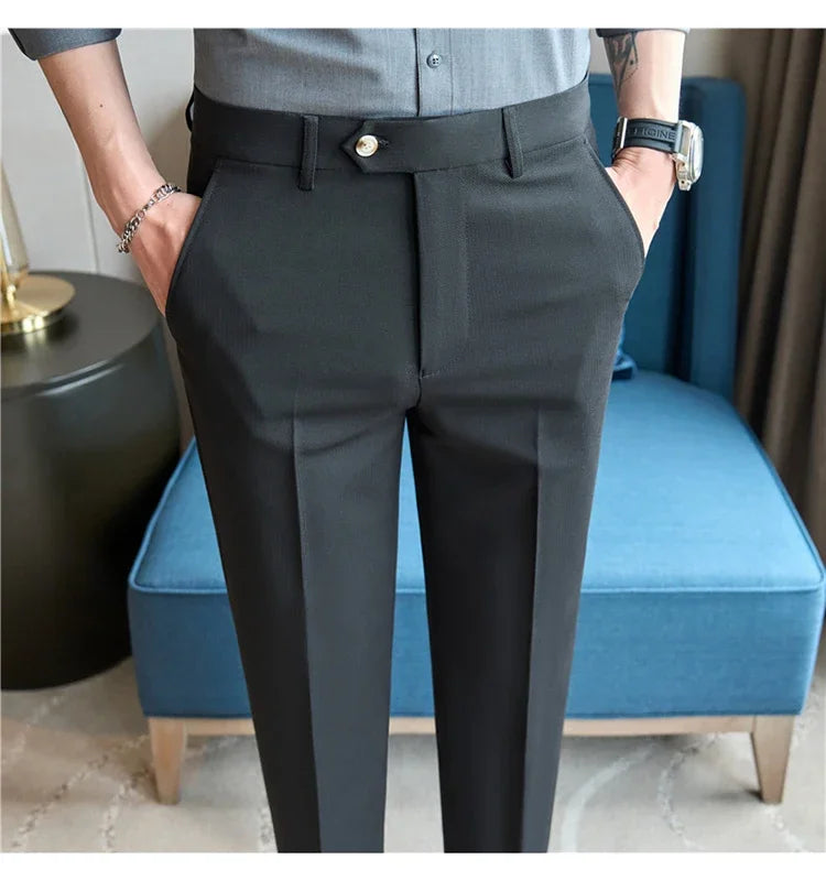 2025  New Autumn Green Premium Dark Stripe Formal Pants for Men,Coffee Slim Small Foot Mens Casual Trousers/Dress Pants Men