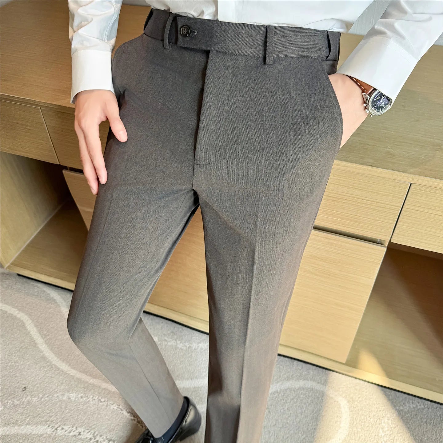 2026 Men's Suit Pants – Striped Formal Trousers in Brown, High-Quality Business Slim Fit Dress Pants for Office & Wedding Wear.