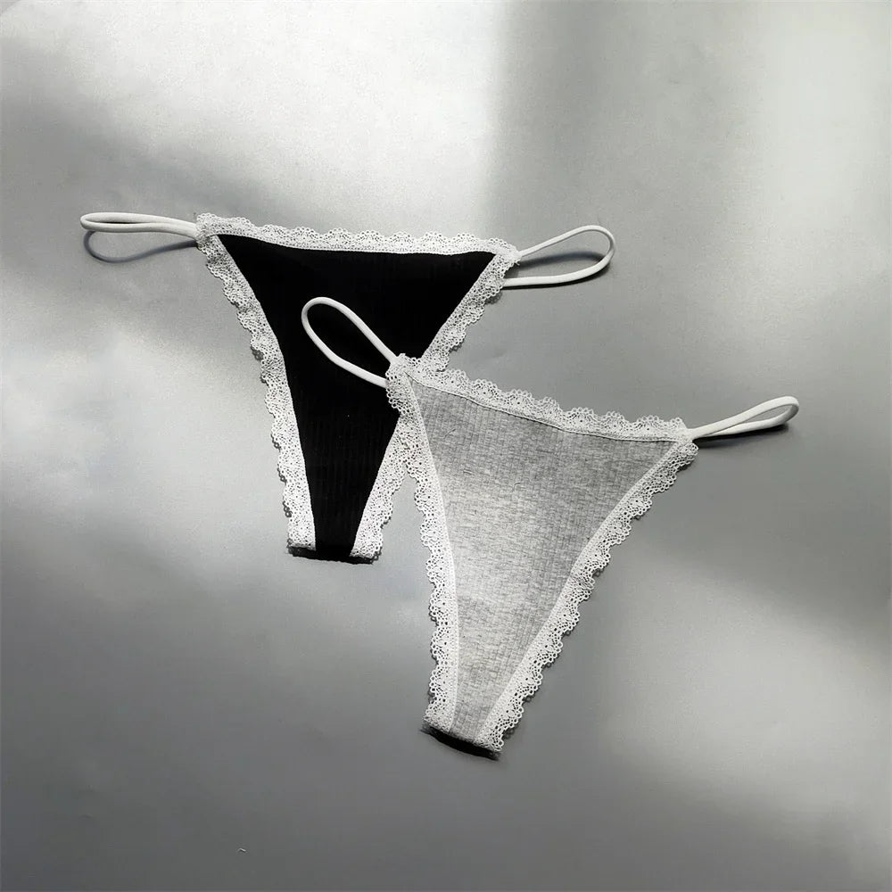 2PCS Cotton Lace Trim Underwear Woman Sexy Thong Lingerie Soft Ribbed Strings T-back Underwear Plus Size S-XL