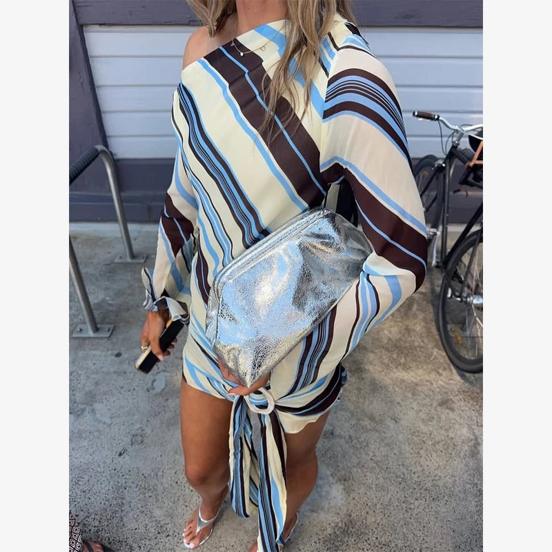 Lady Long Sleeve Striped Dress High Waist Stretch Beach Daily Casual Lace Up Soft Mini Dresses 2026 Fashionable Vacation Gowns