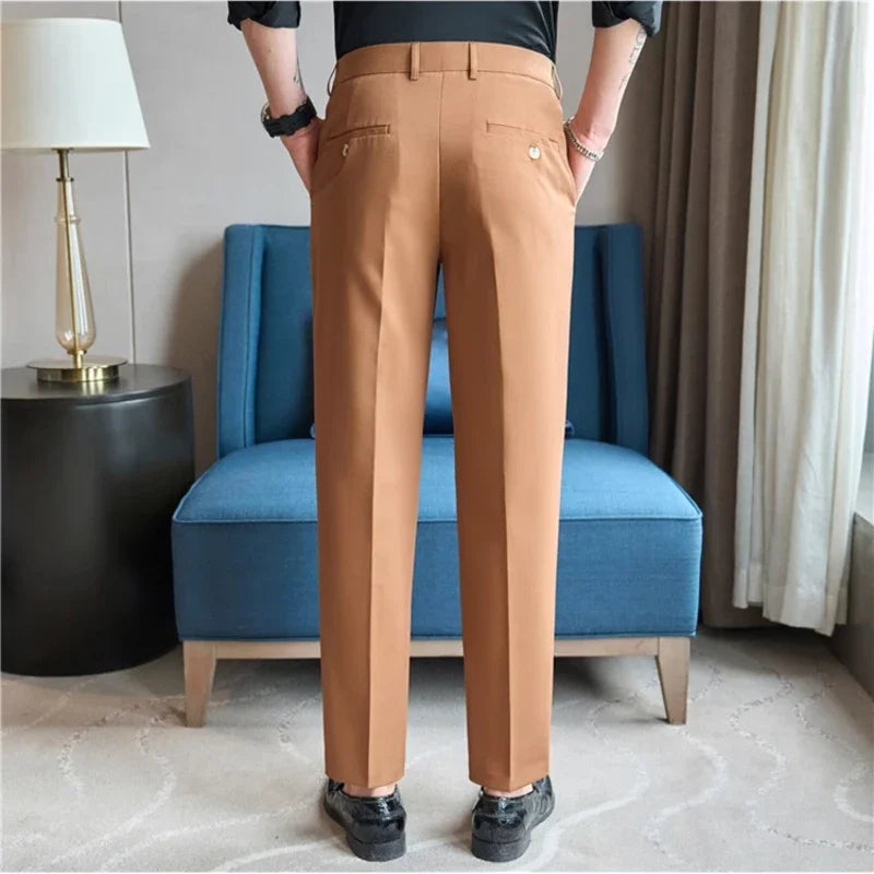 2025  New Autumn Green Premium Dark Stripe Formal Pants for Men,Coffee Slim Small Foot Mens Casual Trousers/Dress Pants Men