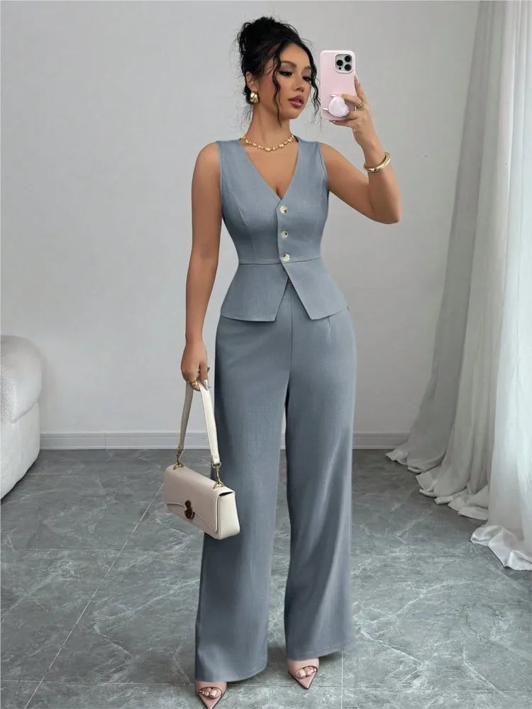 2026 Summer New Solid Color Two Piece Sets Women V-neck Sleeveless Slim Single-breasted Vest Top + Wide-leg Trousers 2-piece Set