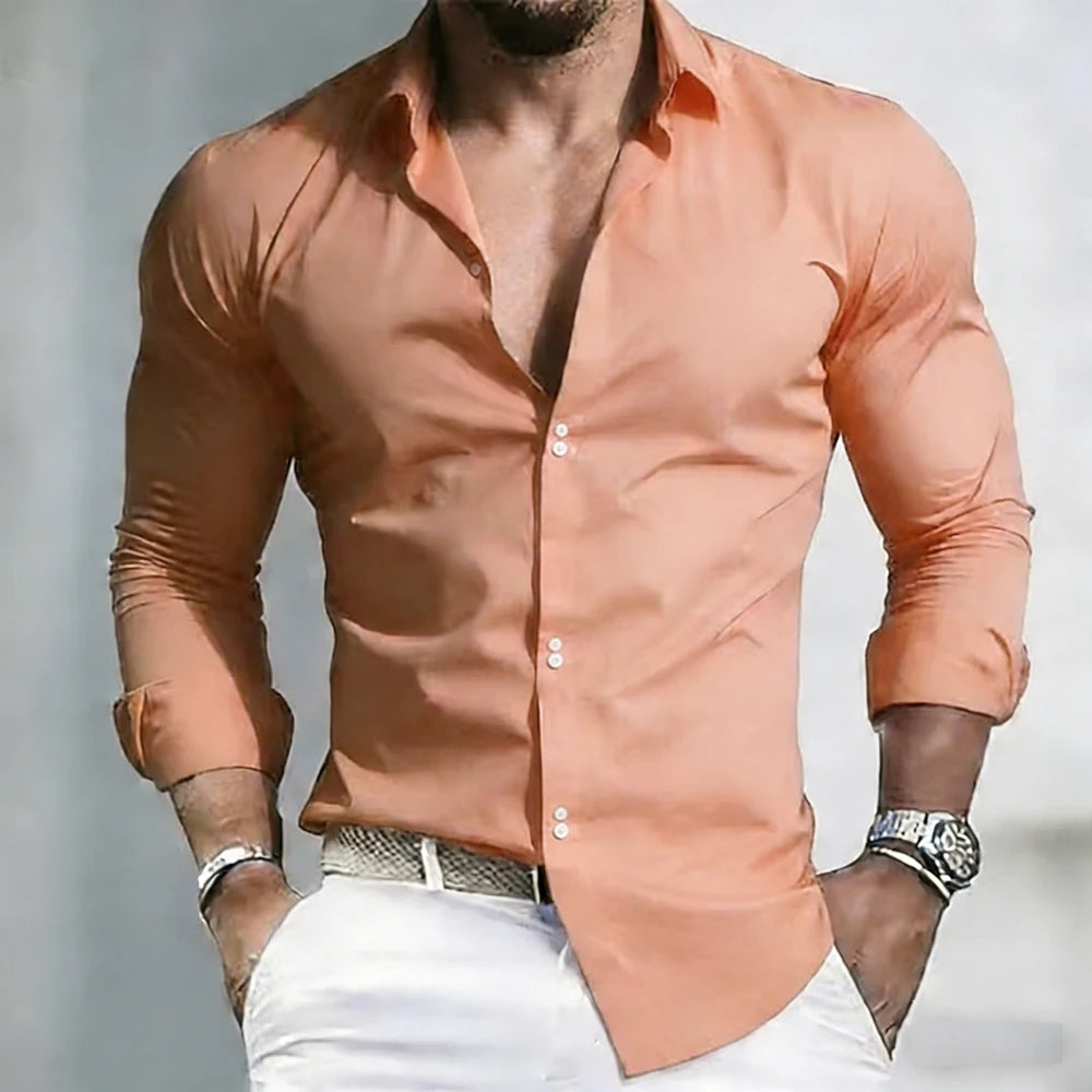 2026 Solid Color Men's Shirt Casual White Shirt High Quality Solid Color Long Sleeve Stretch Fabric Business Formal Shirt XS-6XL