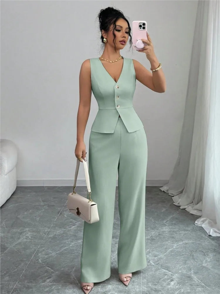 2026 Summer New Solid Color Two Piece Sets Women V-neck Sleeveless Slim Single-breasted Vest Top + Wide-leg Trousers 2-piece Set