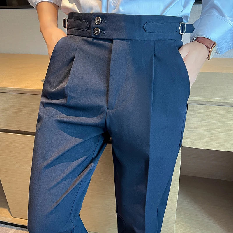 High Quality Neapolitan Mens Suit Pants, Slim Fit Casual Trousers, Blue Vintage High Waist Dress Pants Men ，pantalon Homme Luxe