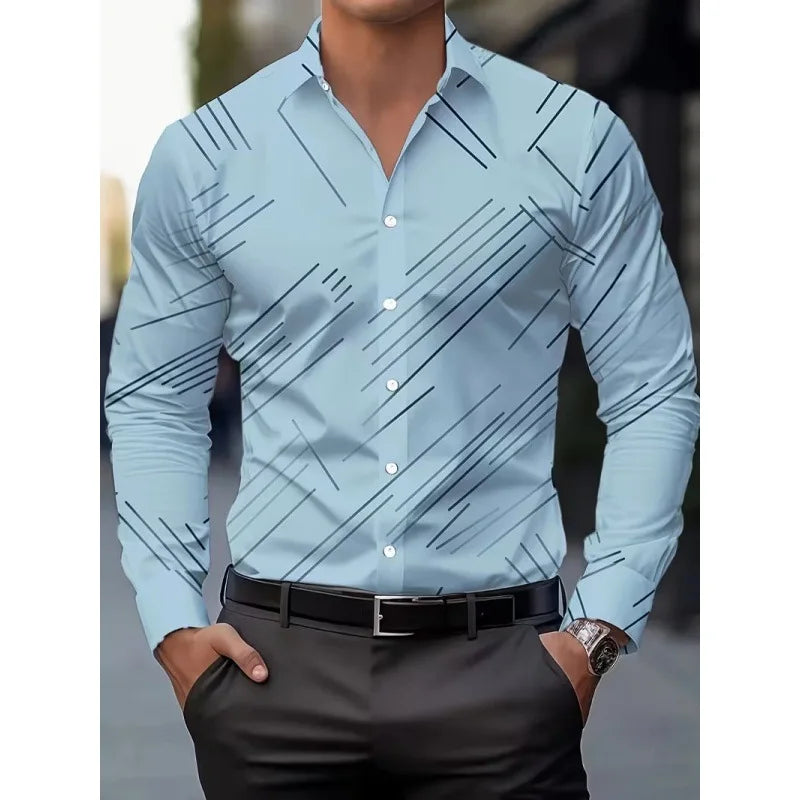 Men's Long Sleeve Geometric Line Print Dress Shirt Slim Fit Formal Casual Button Down Business Top Camisa Masculina De Negócios
