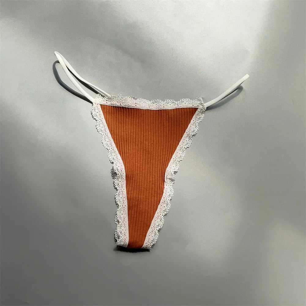 2PCS Cotton Lace Trim Underwear Woman Sexy Thong Lingerie Soft Ribbed Strings T-back Underwear Plus Size S-XL