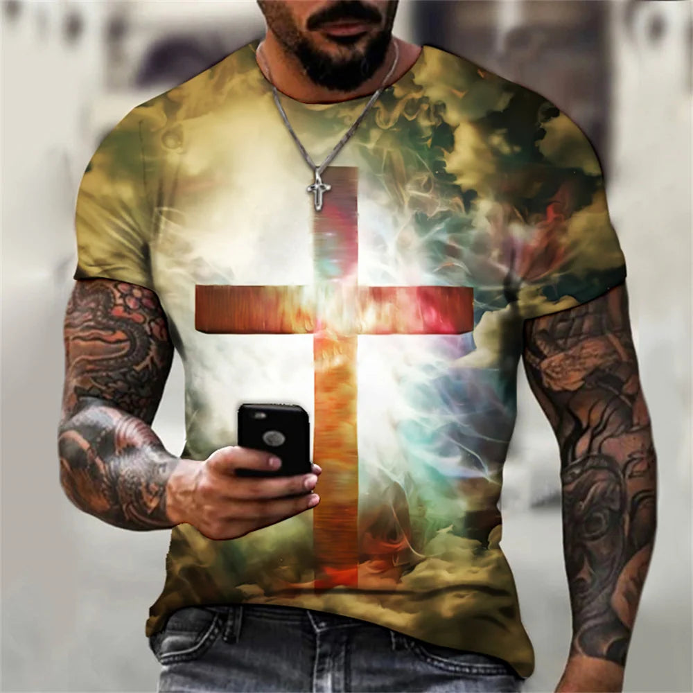 New Fashion Personality Men's T-Shirt Christian Cross Pattern 3D Printed Retro Short Sleeve O Neck Quick Dry High Quality Top