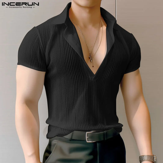 Fashion Well Fitting Tops INCERUN Men's Striped Perspective V-neck T-shirts Casual Streetwear Short Sleeved Camiseta S-5XL 2024