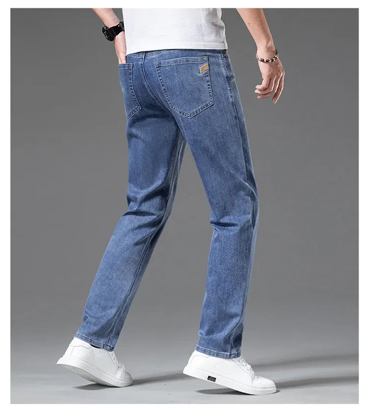2024 New in Streetwear New Men's Light Gray Thin Slim Fit Jeans  Business Stretch Denim Trousers Male Pants