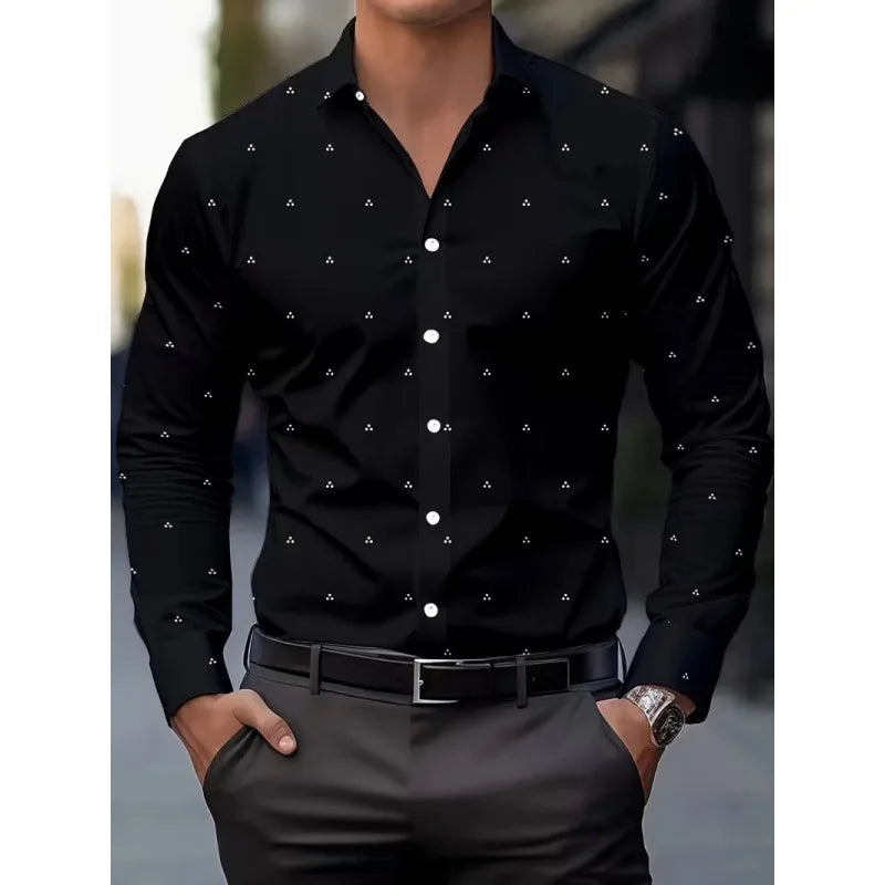 Men's Long Sleeve Geometric Line Print Dress Shirt Slim Fit Formal Casual Button Down Business Top Camisa Masculina De Negócios