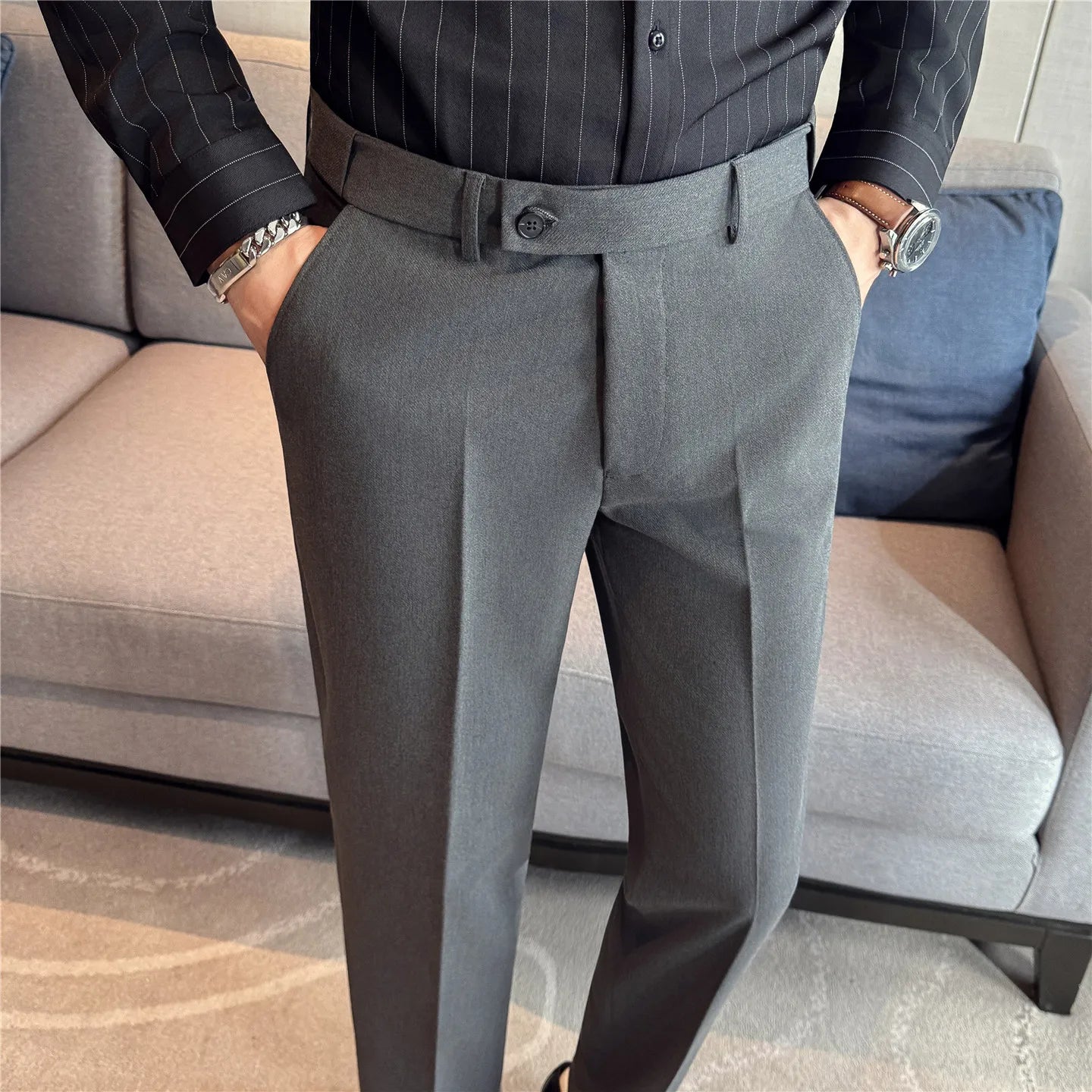 2026 Men's Suit Pants – Striped Formal Trousers in Brown, High-Quality Business Slim Fit Dress Pants for Office & Wedding Wear.