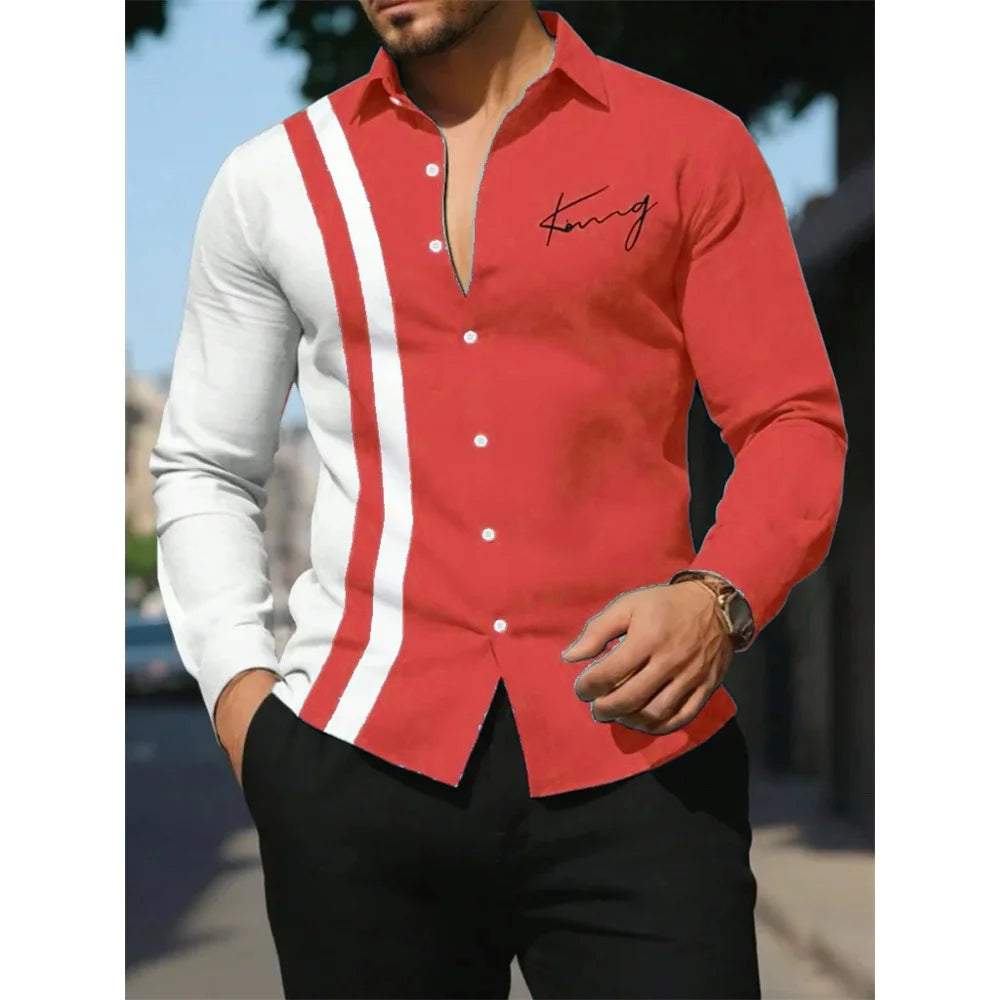 Men's Shirt Letter Striped Print Men's Long-Sleeved Shirt Autumn Casual Tops Beach Men Clothing Oversized Men's Fashion Shirts