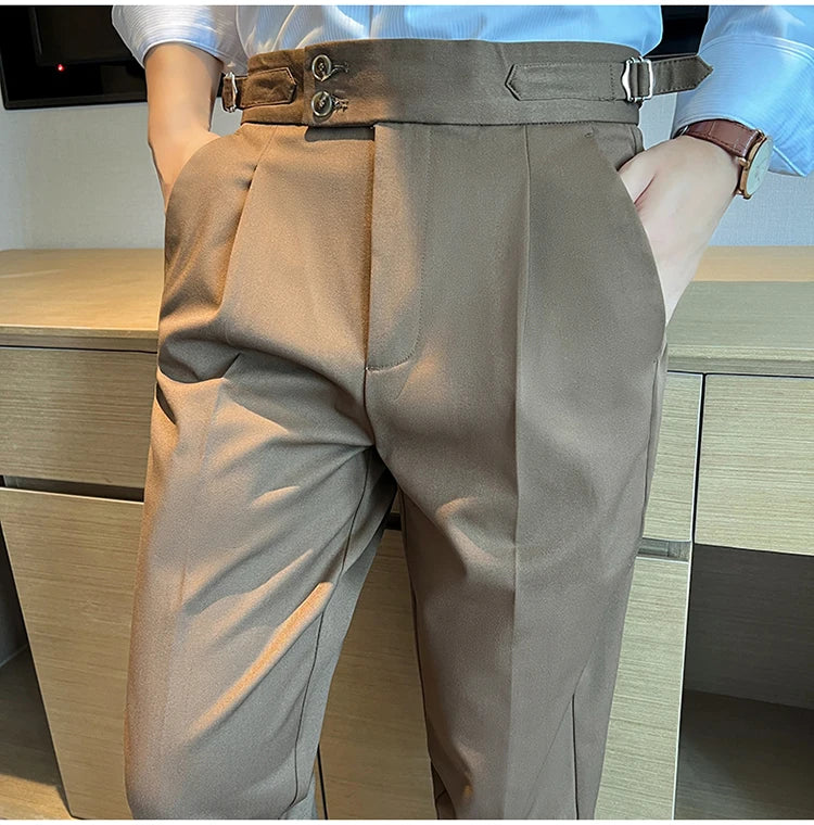 High Quality Neapolitan Mens Suit Pants, Slim Fit Casual Trousers, Blue Vintage High Waist Dress Pants Men ，pantalon Homme Luxe