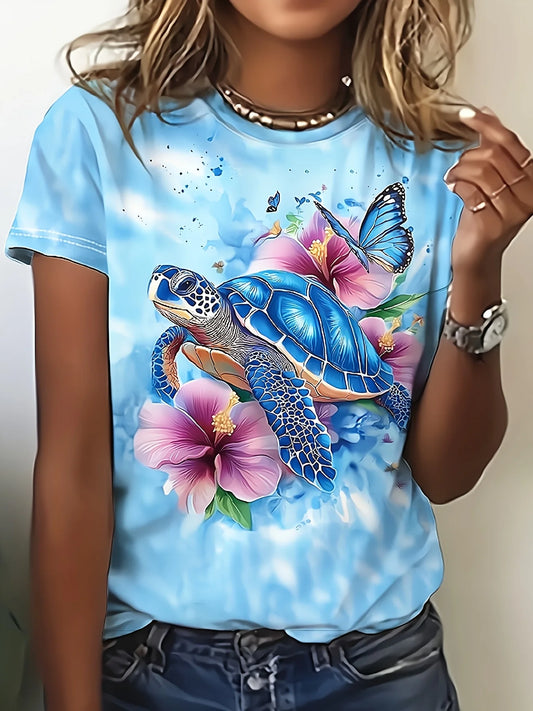 Light Blue Women's Tee - Blue Turtle & Hibiscus Graphic, Tropical Beach Print Design for Casual Daily Wear
