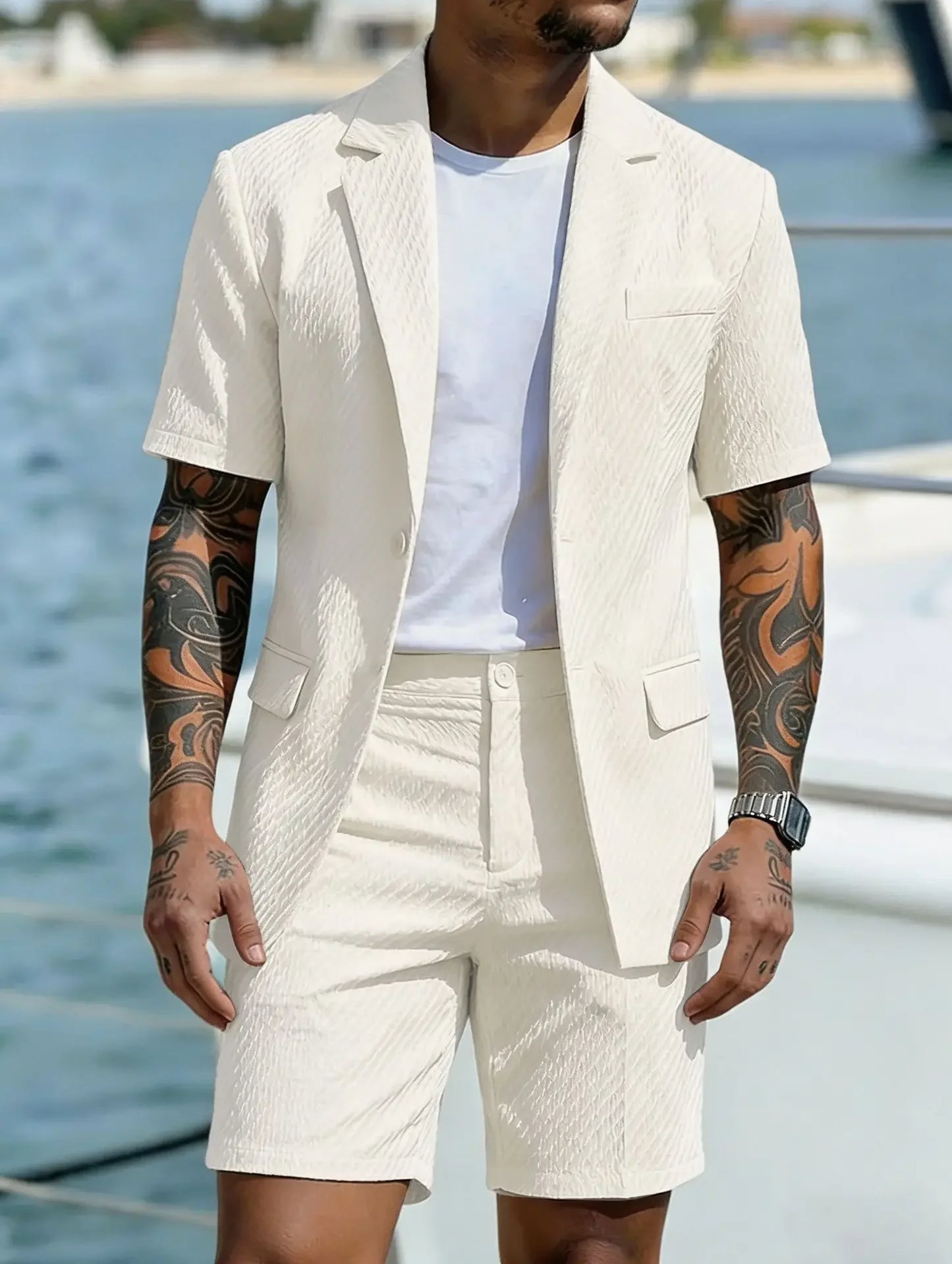 Men Suit Set Summer British Style Solid Color Short Sleeve Male Outfit Slim Breathable Business Wedding Man 2-piece Suit