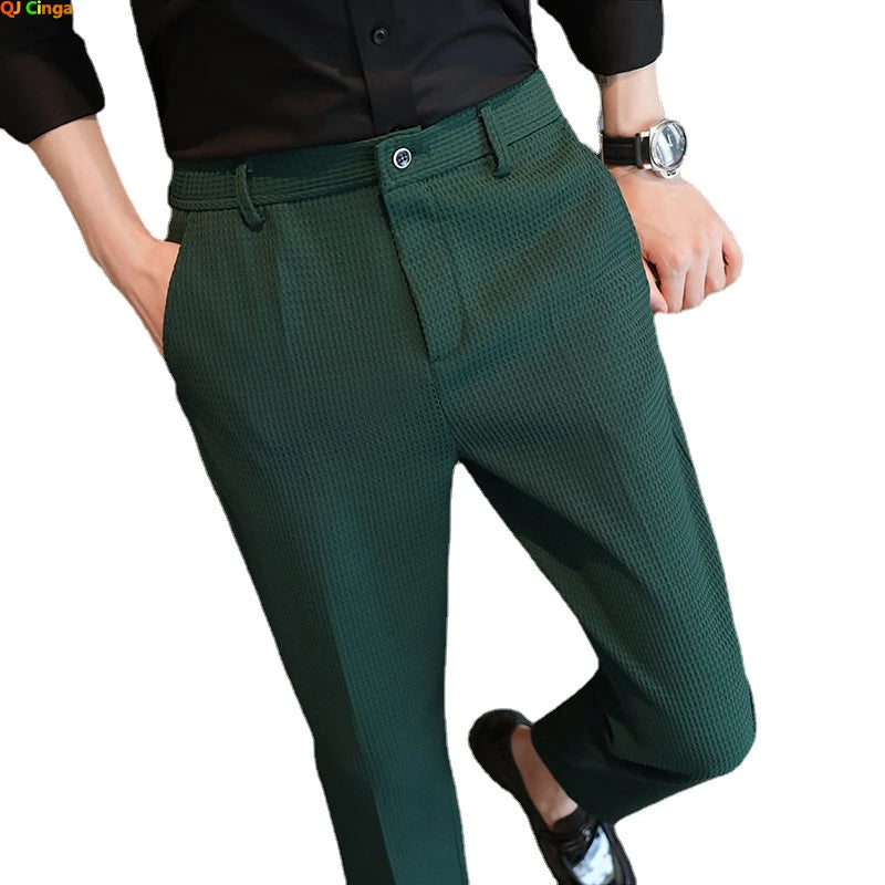 Men's Dark Green Suit Pants, Lightweight Slim Trousers, Young Pantalones Hombre Black White Khaki Brown Pant Asian Sizes