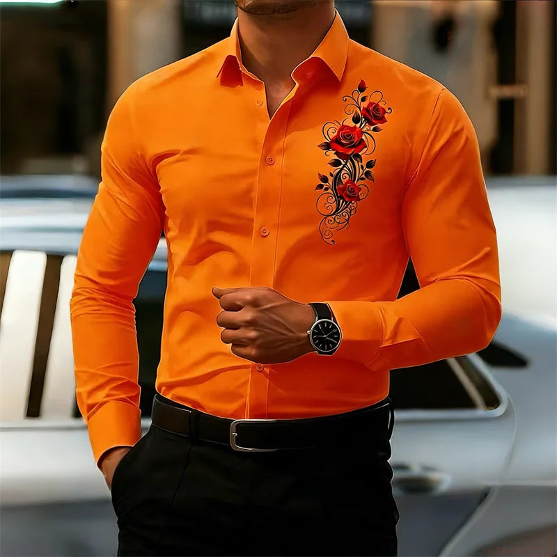 Men's Long-Sleeved Shirt, Featuring a Vintage Red Rose Print Design. A Stylish Business Casual Shirt and Fashionable Men's Top.