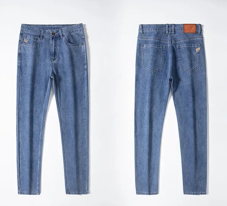 2024 New in Streetwear New Men's Light Gray Thin Slim Fit Jeans  Business Stretch Denim Trousers Male Pants