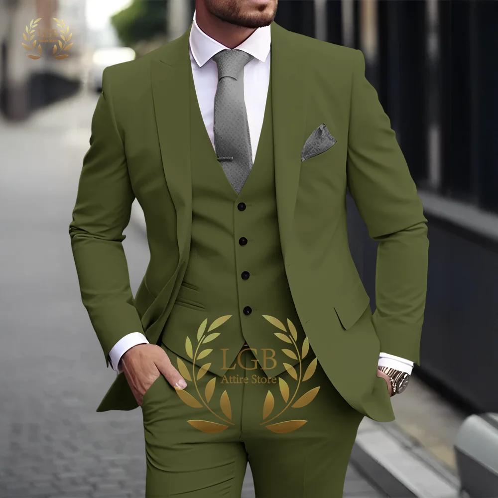 Men's Khaki 3-Piece Suit Classic Peak Lapel Business Formal Wedding Groom Slim Fit Elegant Gentleman Style Fashion Blazer