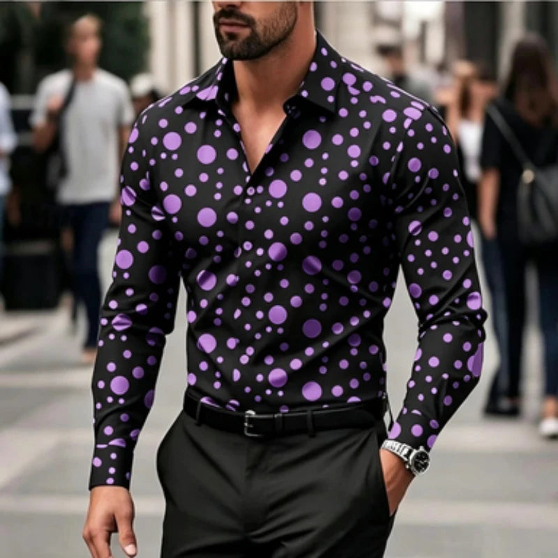 Men's shirt with polka dot print long sleeved shirt, outdoor casual style, slim fit collar shirt, men's casual formal top
