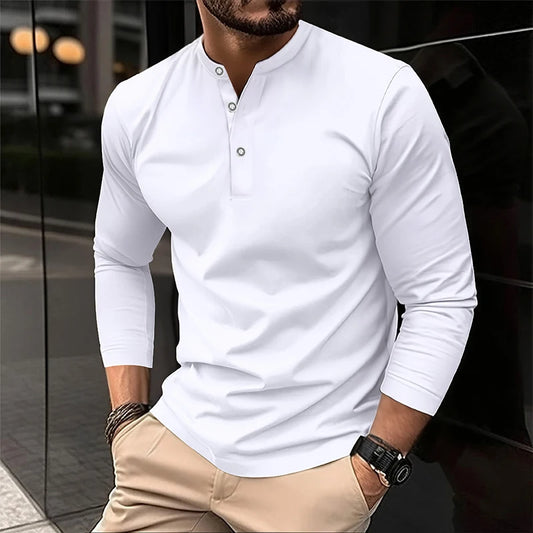 2025 Men's Summer Long Sleeve Henry Polo Casual Breathable Comfortable Polo Shirt Solid High Quality Male T-Shirt Dropshipping