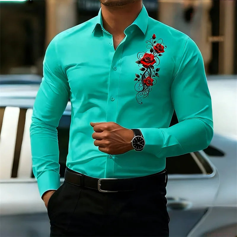 Men's Long-Sleeved Shirt, Featuring a Vintage Red Rose Print Design. A Stylish Business Casual Shirt and Fashionable Men's Top.