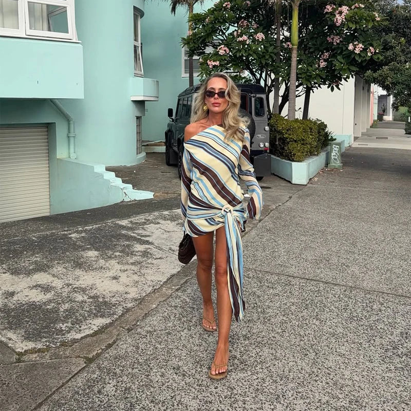 Lady Long Sleeve Striped Dress High Waist Stretch Beach Daily Casual Lace Up Soft Mini Dresses 2026 Fashionable Vacation Gowns