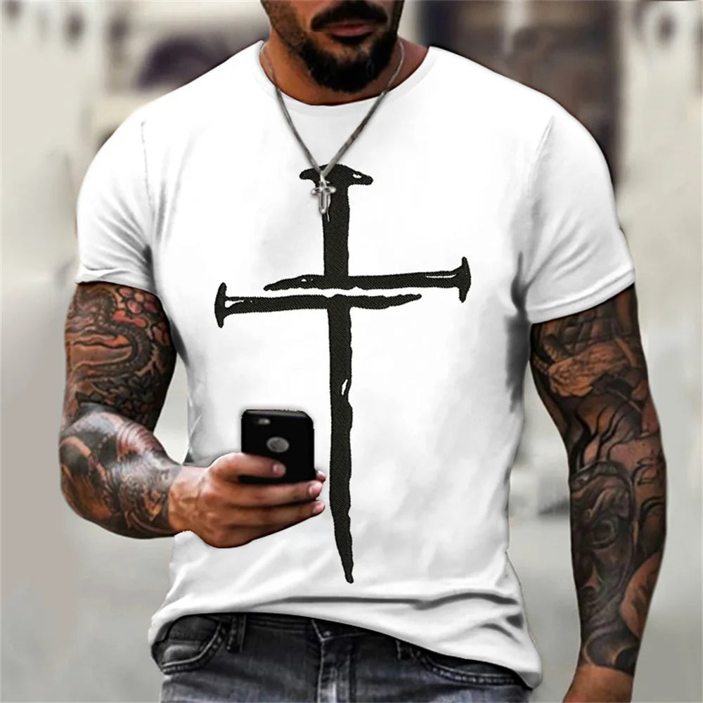 New Fashion Personality Men's T-Shirt Christian Cross Pattern 3D Printed Retro Short Sleeve O Neck Quick Dry High Quality Top