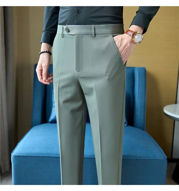 2025  New Autumn Green Premium Dark Stripe Formal Pants for Men,Coffee Slim Small Foot Mens Casual Trousers/Dress Pants Men