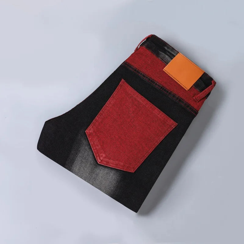 Men's Black Stretch Jeans for Spring and Fall, Denim Pants with Red Ripped Details, Asian Sizes 28–42.