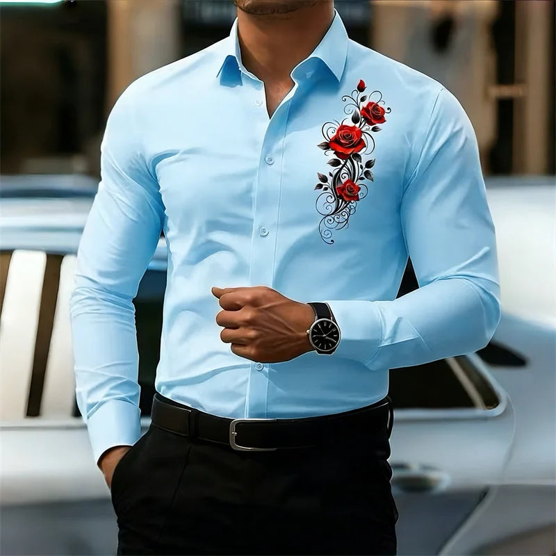 Men's Long-Sleeved Shirt, Featuring a Vintage Red Rose Print Design. A Stylish Business Casual Shirt and Fashionable Men's Top.