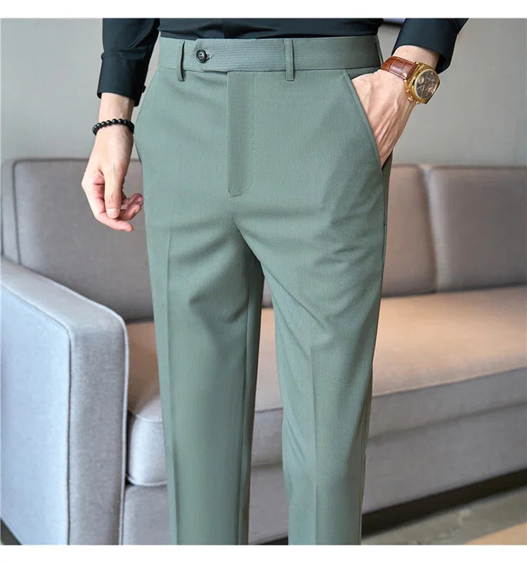 2025  New Autumn Green Premium Dark Stripe Formal Pants for Men,Coffee Slim Small Foot Mens Casual Trousers/Dress Pants Men