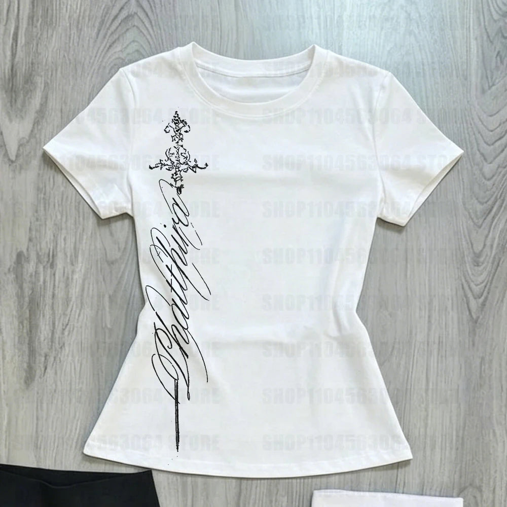 T Shirts Women V Neck Slim Vintage Printing Elegant Grunge Gothic Y2k Aesthetic Harajuku Tops Ladies Casual Tee Shirt
