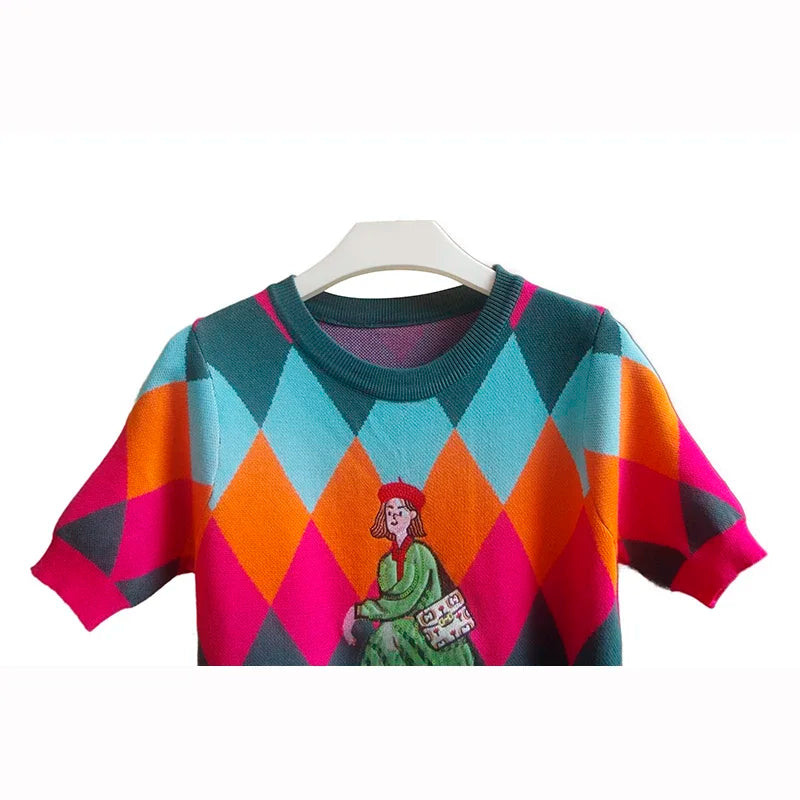 2024 Summer Argyle Sequines Knitted T Shirt Women Fashion Casual Cartoon O-Neck Short Sleeve Sweater Pullover Ladies Tops Tees