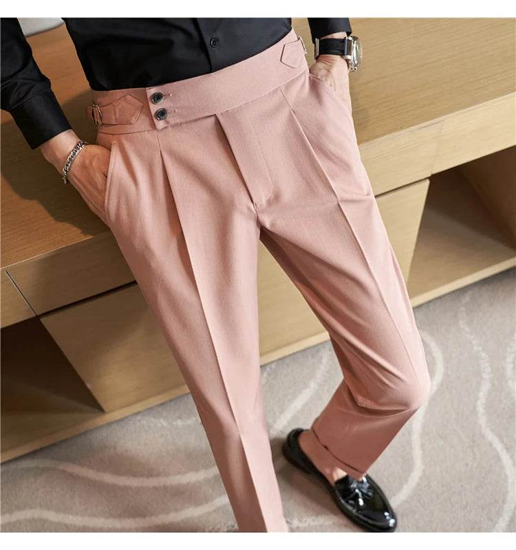 British Style Men High Waist Casual Dress Pant Men Belt Design Pink Trousers Formal Office Social Wedding Party Dress Suit Pants