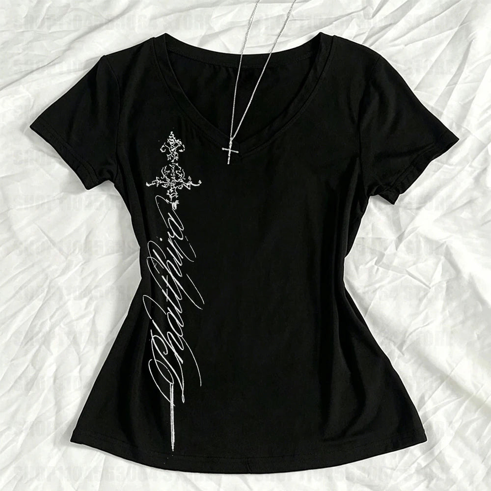 T Shirts Women V Neck Slim Vintage Printing Elegant Grunge Gothic Y2k Aesthetic Harajuku Tops Ladies Casual Tee Shirt