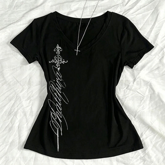 T Shirts Women V Neck Slim Vintage Printing Elegant Grunge Gothic Y2k Aesthetic Harajuku Tops Ladies Casual Tee Shirt