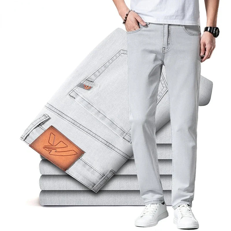 2024 New in Streetwear New Men's Light Gray Thin Slim Fit Jeans  Business Stretch Denim Trousers Male Pants
