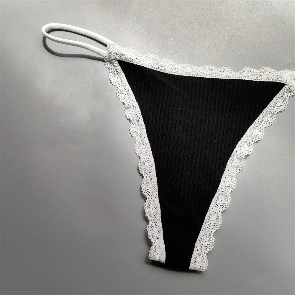 2PCS Cotton Lace Trim Underwear Woman Sexy Thong Lingerie Soft Ribbed Strings T-back Underwear Plus Size S-XL