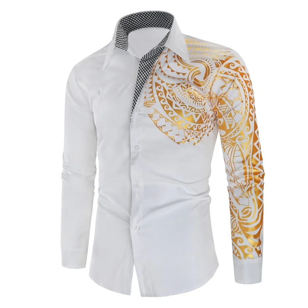 New Fashion Men's Shirt Gold Stamping Printing Long Sleeve Shirt Slim Fit Causal Turn Down Collar Hot Sale