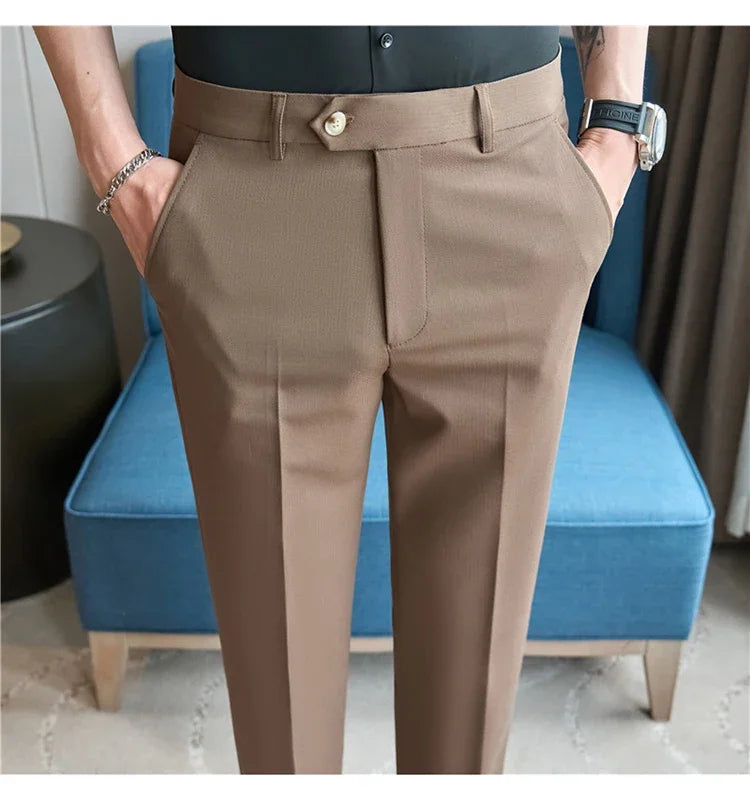2025  New Autumn Green Premium Dark Stripe Formal Pants for Men,Coffee Slim Small Foot Mens Casual Trousers/Dress Pants Men