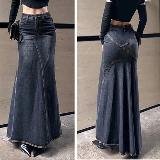 Maxi Skirt Women Casual Mermaid Streatwear High Waist Zipper Denim Skirts Y2k Streetwear Loose Long Mom Jeans Ankle Lenth Summer