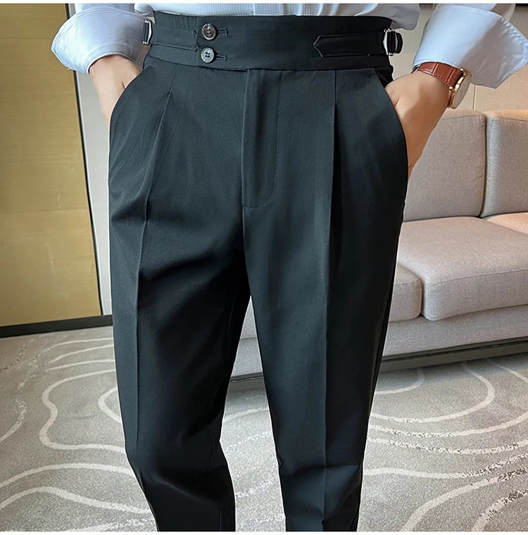High Quality Neapolitan Mens Suit Pants, Slim Fit Casual Trousers, Blue Vintage High Waist Dress Pants Men ，pantalon Homme Luxe
