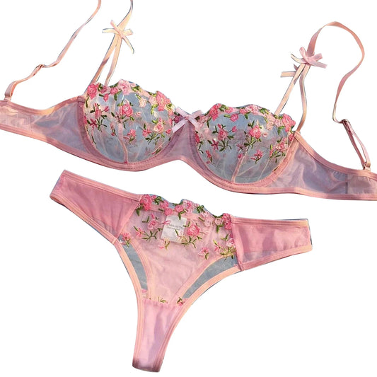 New Pink Bra Women Lingerie Set Ladies Embroidery Floral Bras Underwear Sets