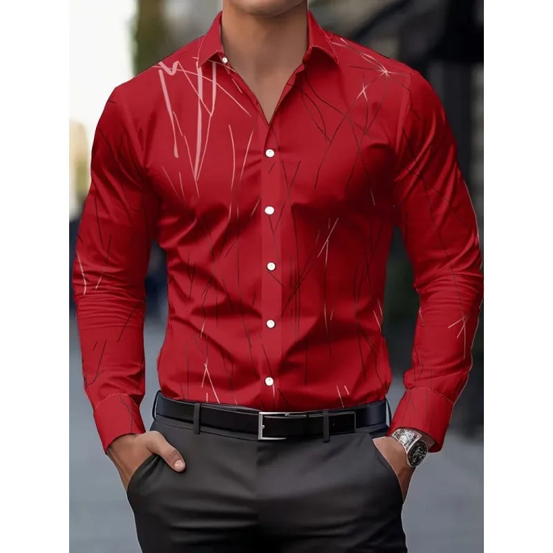 Men's Long Sleeve Geometric Line Print Dress Shirt Slim Fit Formal Casual Button Down Business Top Camisa Masculina De Negócios