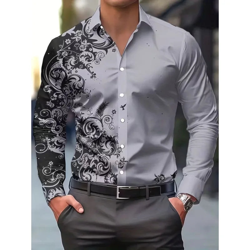 Men's Long Sleeve Geometric Line Print Dress Shirt Slim Fit Formal Casual Button Down Business Top Camisa Masculina De Negócios