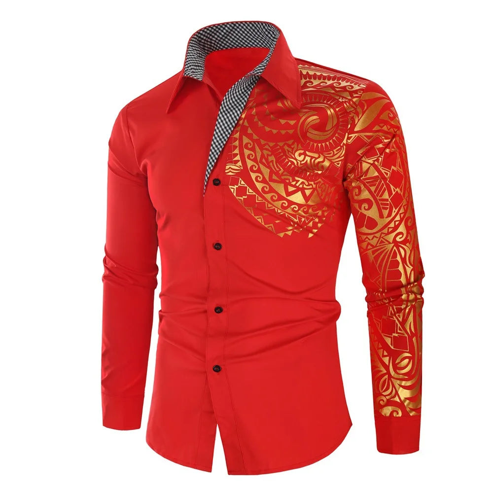New Fashion Men's Shirt Gold Stamping Printing Long Sleeve Shirt Slim Fit Causal Turn Down Collar Hot Sale