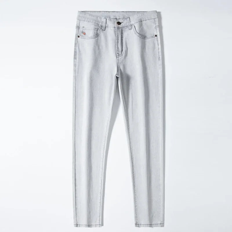2024 New in Streetwear New Men's Light Gray Thin Slim Fit Jeans  Business Stretch Denim Trousers Male Pants