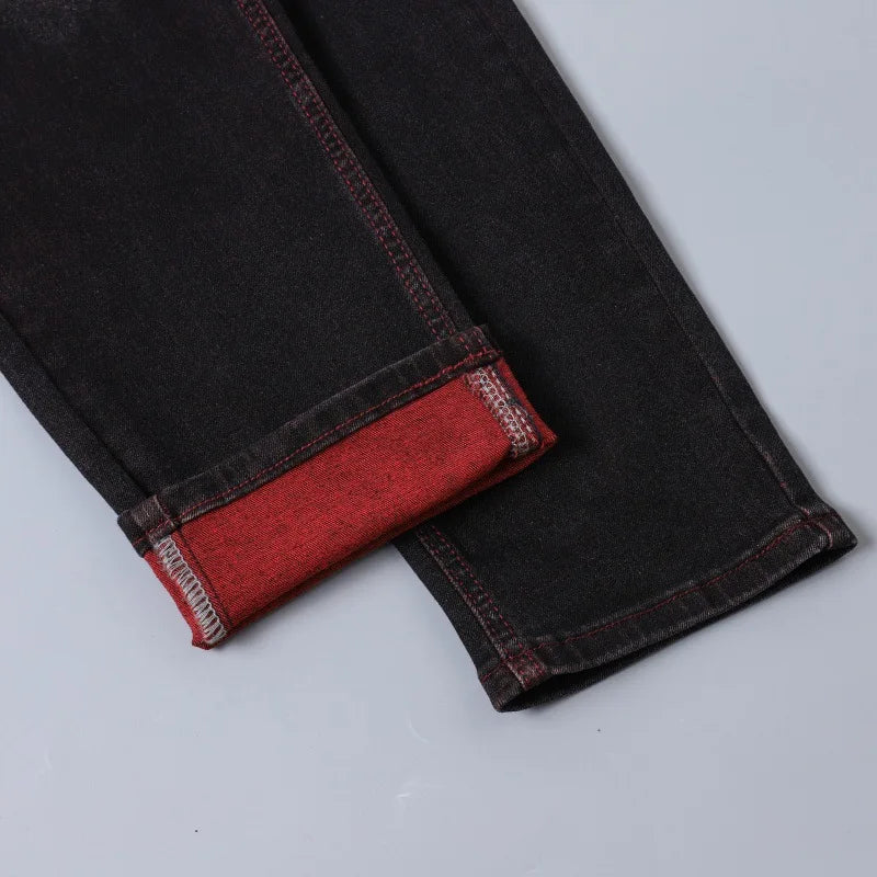Men's Black Stretch Jeans for Spring and Fall, Denim Pants with Red Ripped Details, Asian Sizes 28–42.